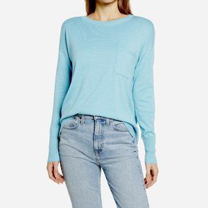 NWT Caslon Lightweight Pocket Sweater Split Hem Relaxed Drop Shoulder Blue XS